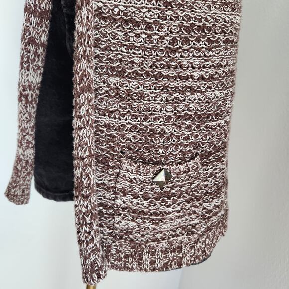 Y2K Mudd Knit Cap Sleeve Brown Longline Open Cardigan with Stud Pocket S - Picture 3 of 12